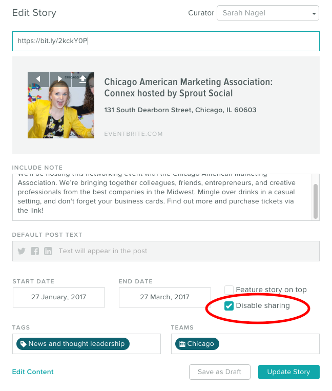 Event - Informational Story with sharing disabled